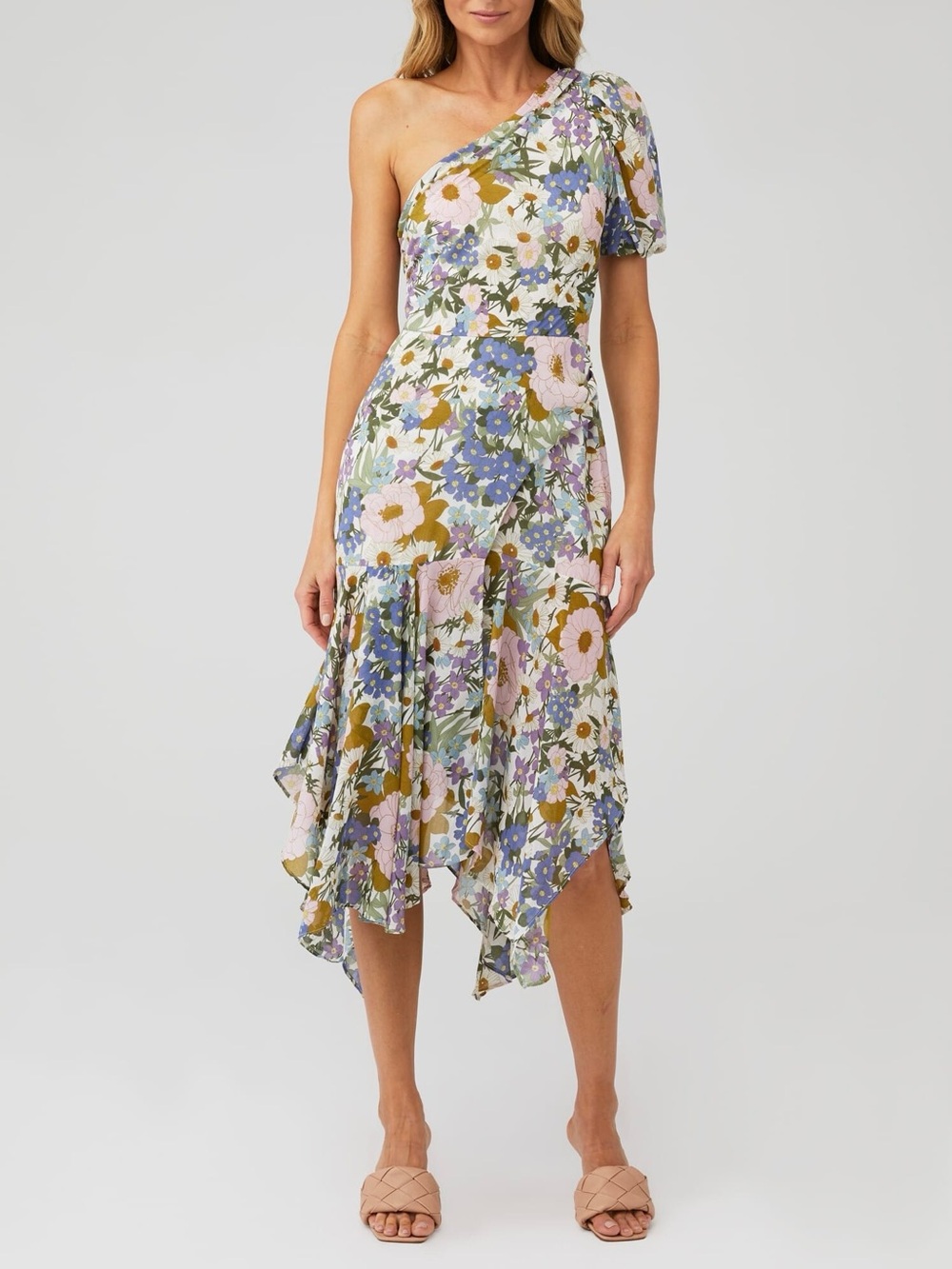 NWT ASTR the Label Santorini Floral One Shoulder Midi Dress Size Medium - Picture 3 of 14